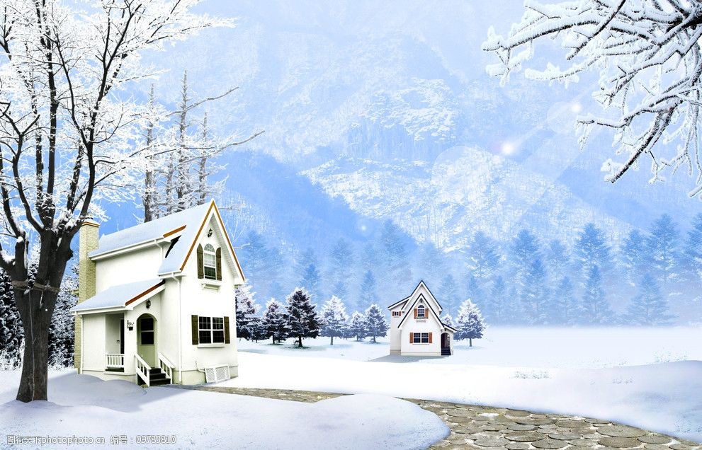 雪白冬天 白雪 冬天 房子 山峦 风景 树木树枝 雪地 psd分层素材 源