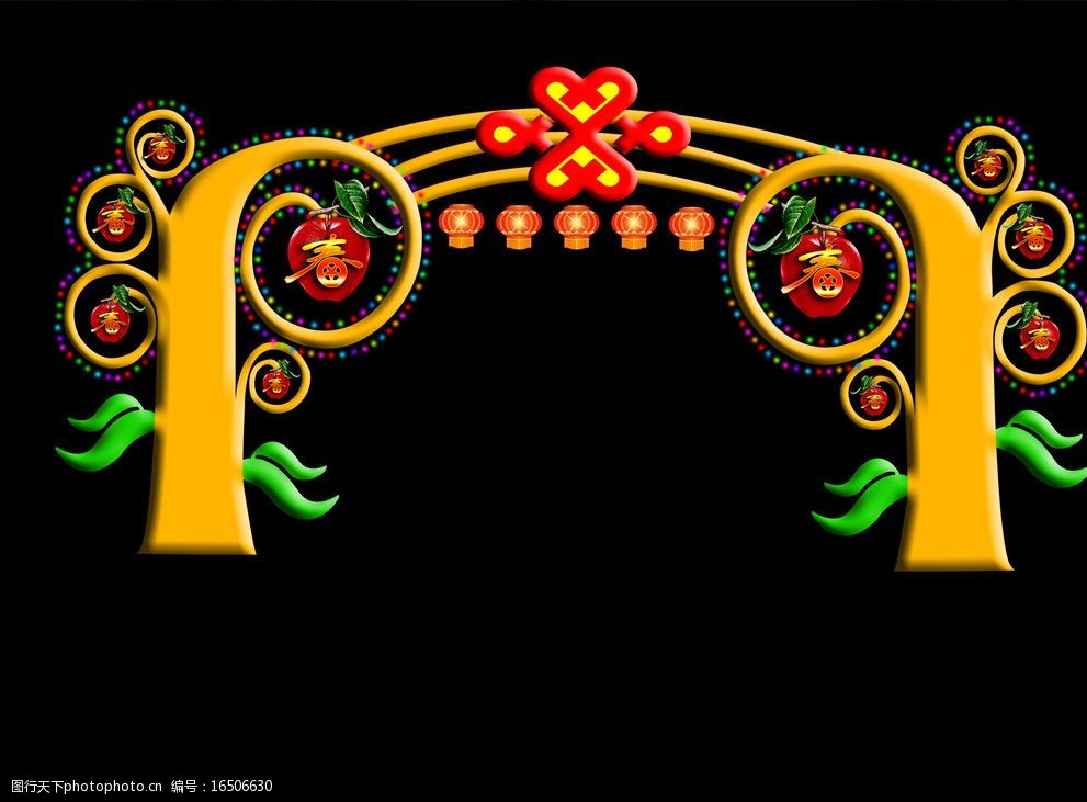 关键词:春节平安彩门 平安彩门 线条 灯笼 苹果 彩门设计 中国结 春节