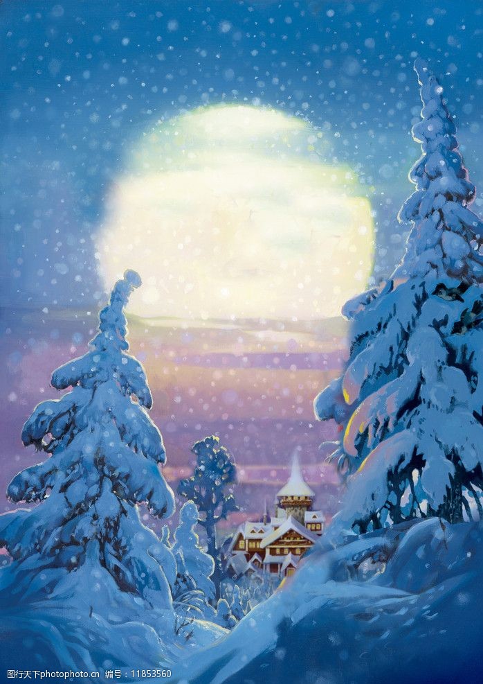 关键词:月亮下的雪中城堡雪景 雪景 月亮 雪松 卡通 大雪 美景 绘画