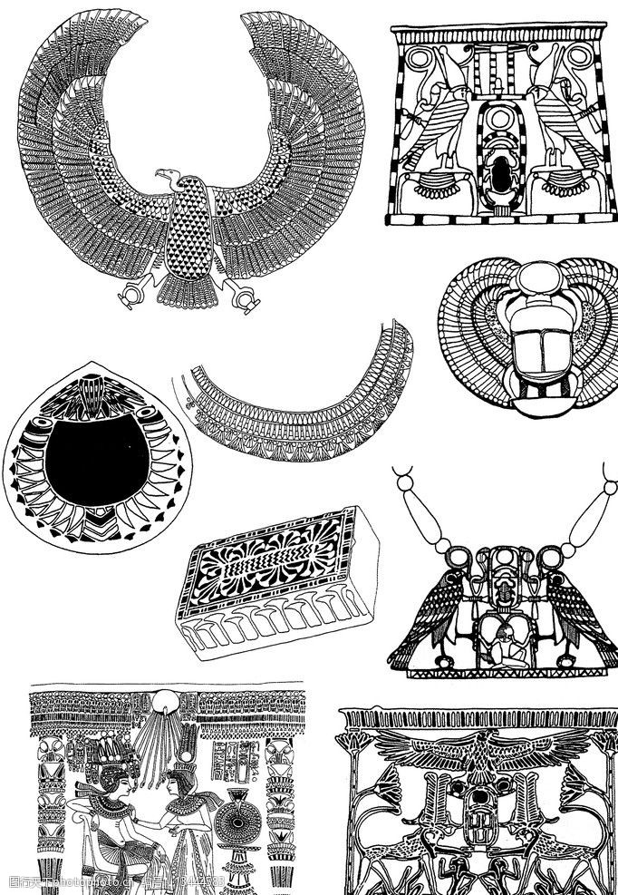 关键词:古埃及墓室壁画 鹰 埃及法老王后 神兽 纸草 埃及纹饰 背景