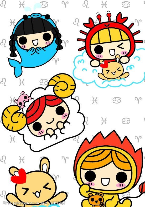 关键词:星座女孩 韩国娃娃 可爱小孩 卡通女孩 小兔子 动物 矢量图 ai