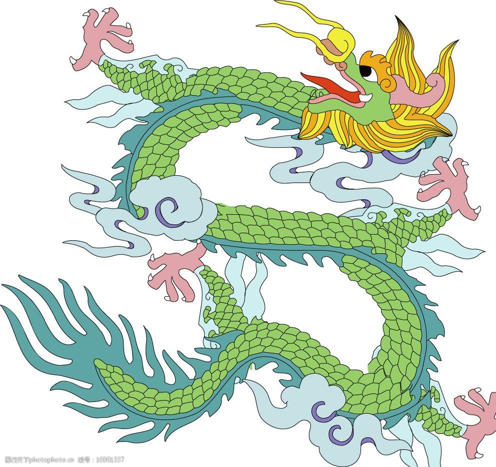 关键词:绿色飞龙 空中飞龙 粉爪金毛 云朵 中国传统龙凤图案 传统文化
