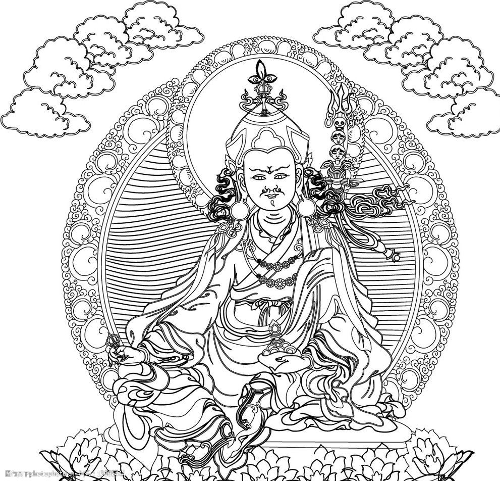关键词:唐卡 莲花生大师 线勾图黑白图 线勾图 宗教信仰 文化艺术