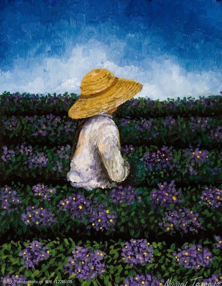 关键词:花丛中的女孩 油画 花 天空 野外 蓝天 白云 草帽 女孩 绘画