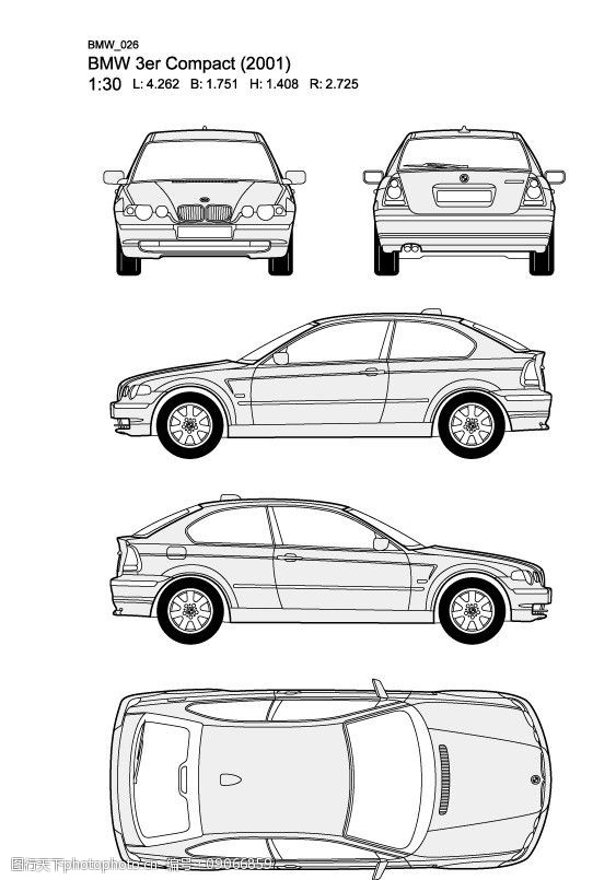 宝马3系bmw3ercompact(2001)汽车线稿图片