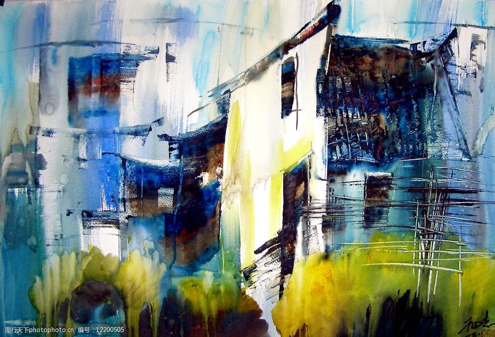 村庄房屋抽象水彩画作品图片