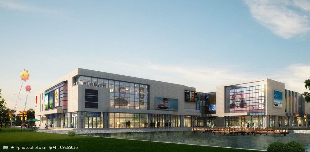 关键词:商场建筑设计 商场外观设计 树 草地 汽车 人 蓝天 白云 环境