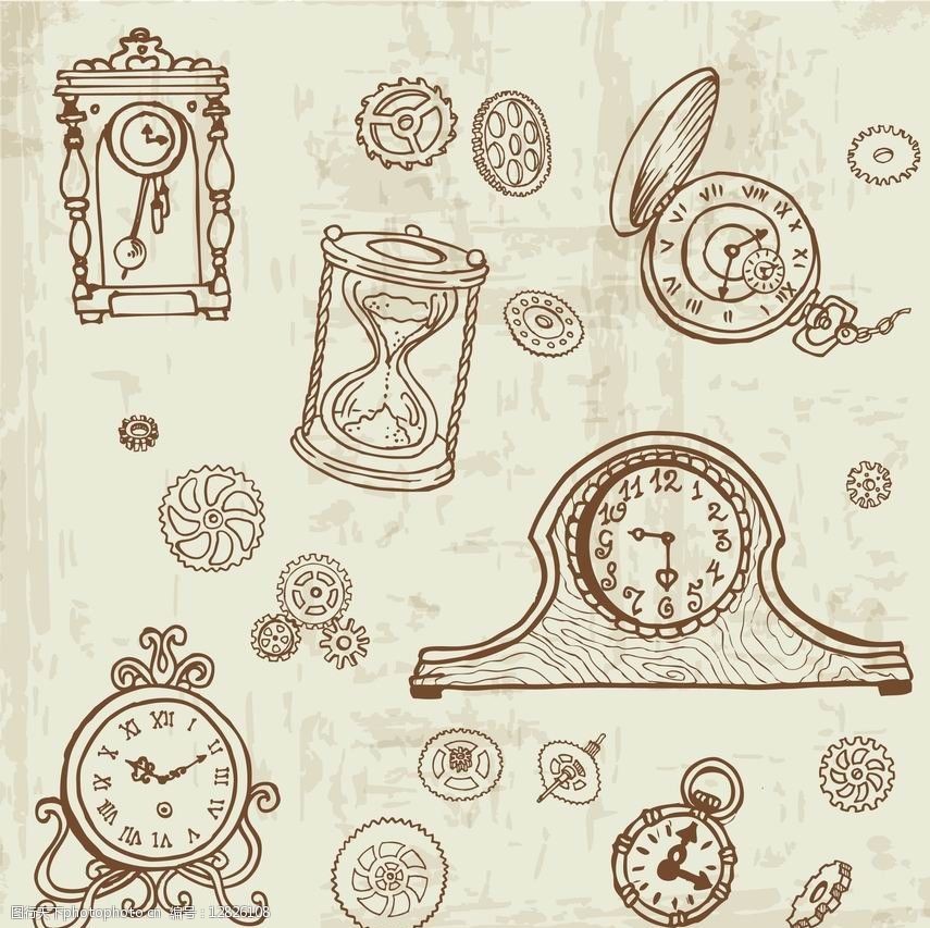 古代 钟表 零件 齿轮 怀表 手绘 矢量 素描画钢笔画矢量 其他设计