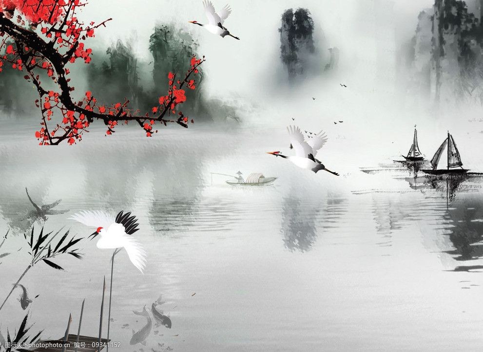 红梅仙鹤图江南水景图片