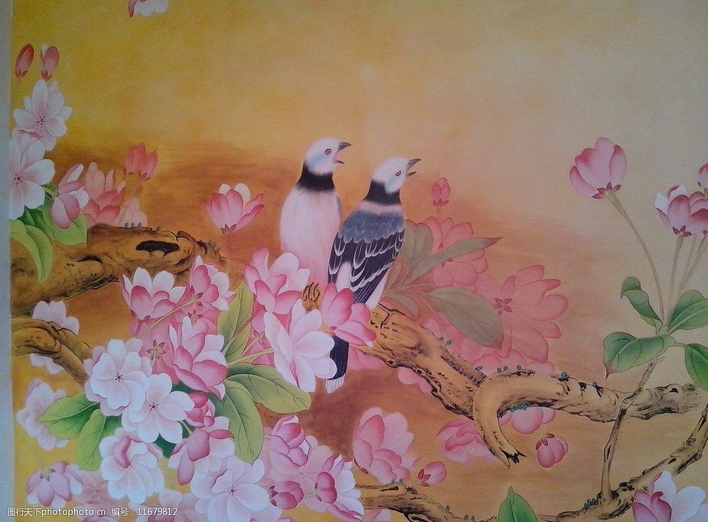 关键词:喜鹊迎春 墙绘 工笔 花鸟 喜鹊 粉花 绘画书法 文化艺术 设计