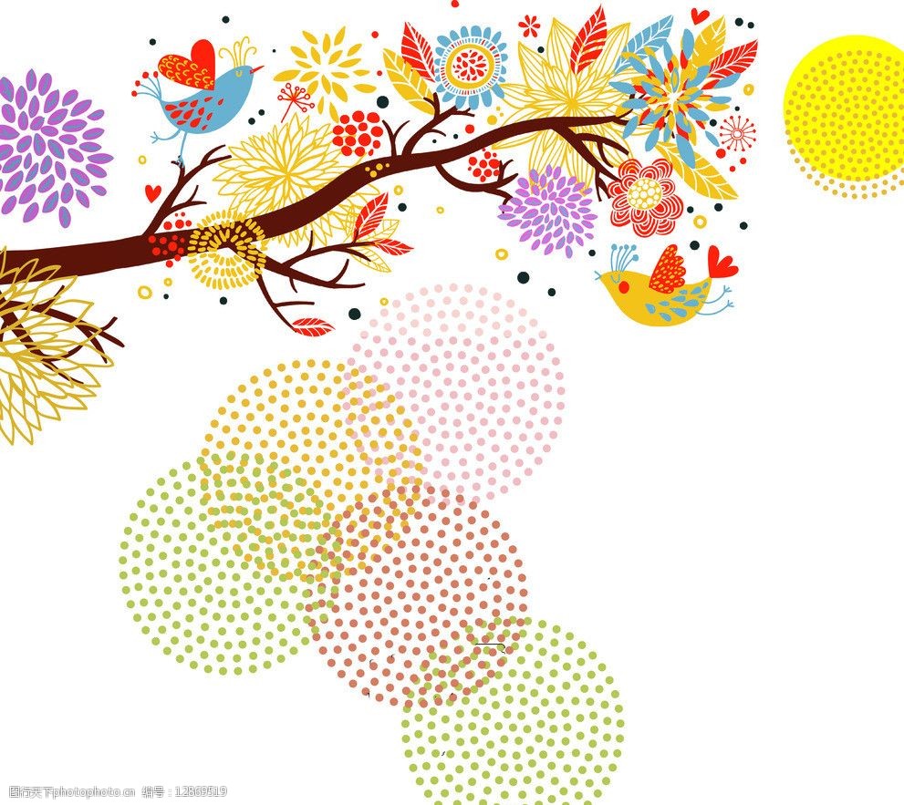 关键词:七彩斑斓 彩色 绘画 小鸟 树枝 花朵 花纹 多彩 背景底纹 底纹